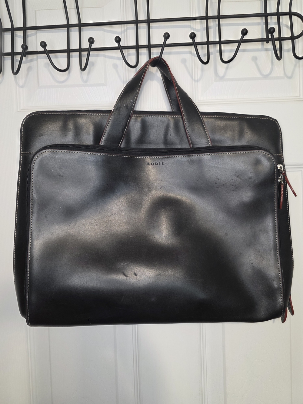 Lodis Black Leather Laptop Briefcase Shoulder Strap, Solid, Zip Closure